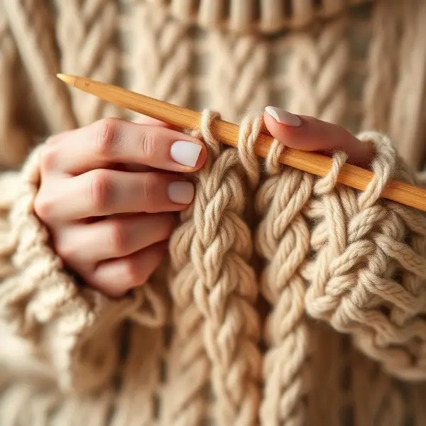 Close-up of hands knitting a cable pattern with chunky cream wool