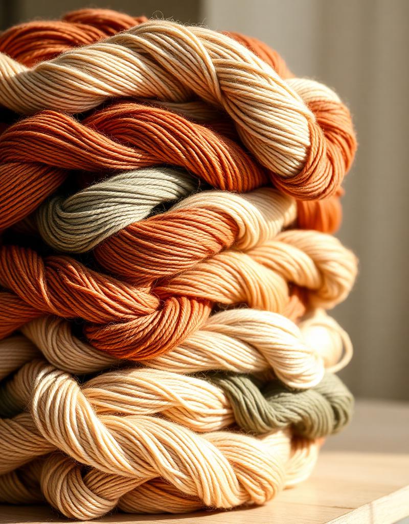 A stack of hand-dyed yarn skeins in terracotta, cream, and sage tones