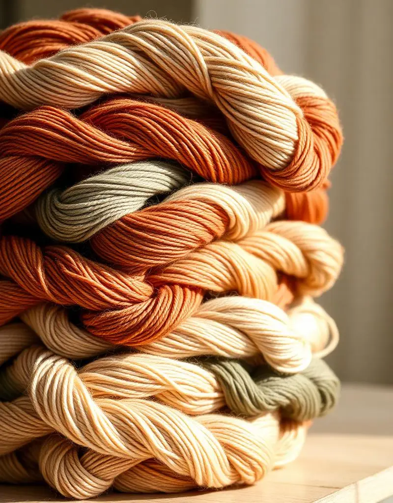 A stack of hand-dyed yarn skeins in terracotta, cream, and sage tones